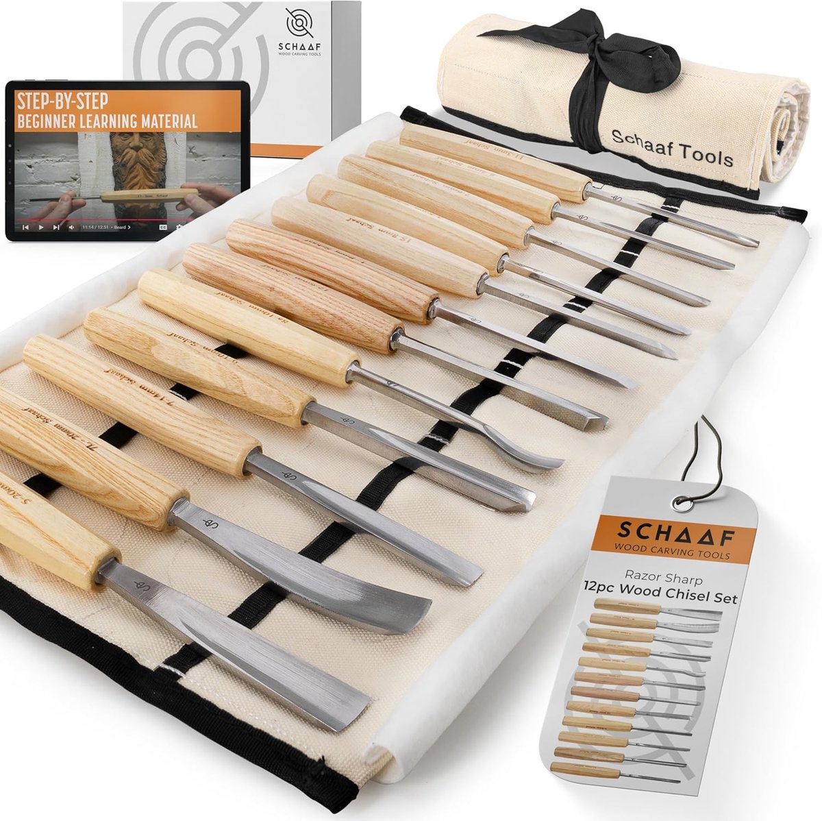 Houtsnijgereedschap Set - Gutsen Beitels - Hout Bewerken - 12 Delige Set - Full Size - Wit