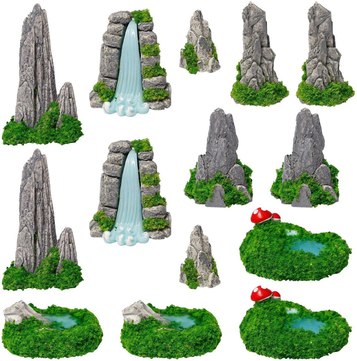 Dailygoods- Miniatuur Decoratie 14 Stuks - Berglandschap / Rockery - Kunsthars - Veelkleurig - Realistisch Ontwerp - Ideaal voor Tuin/Aquarium