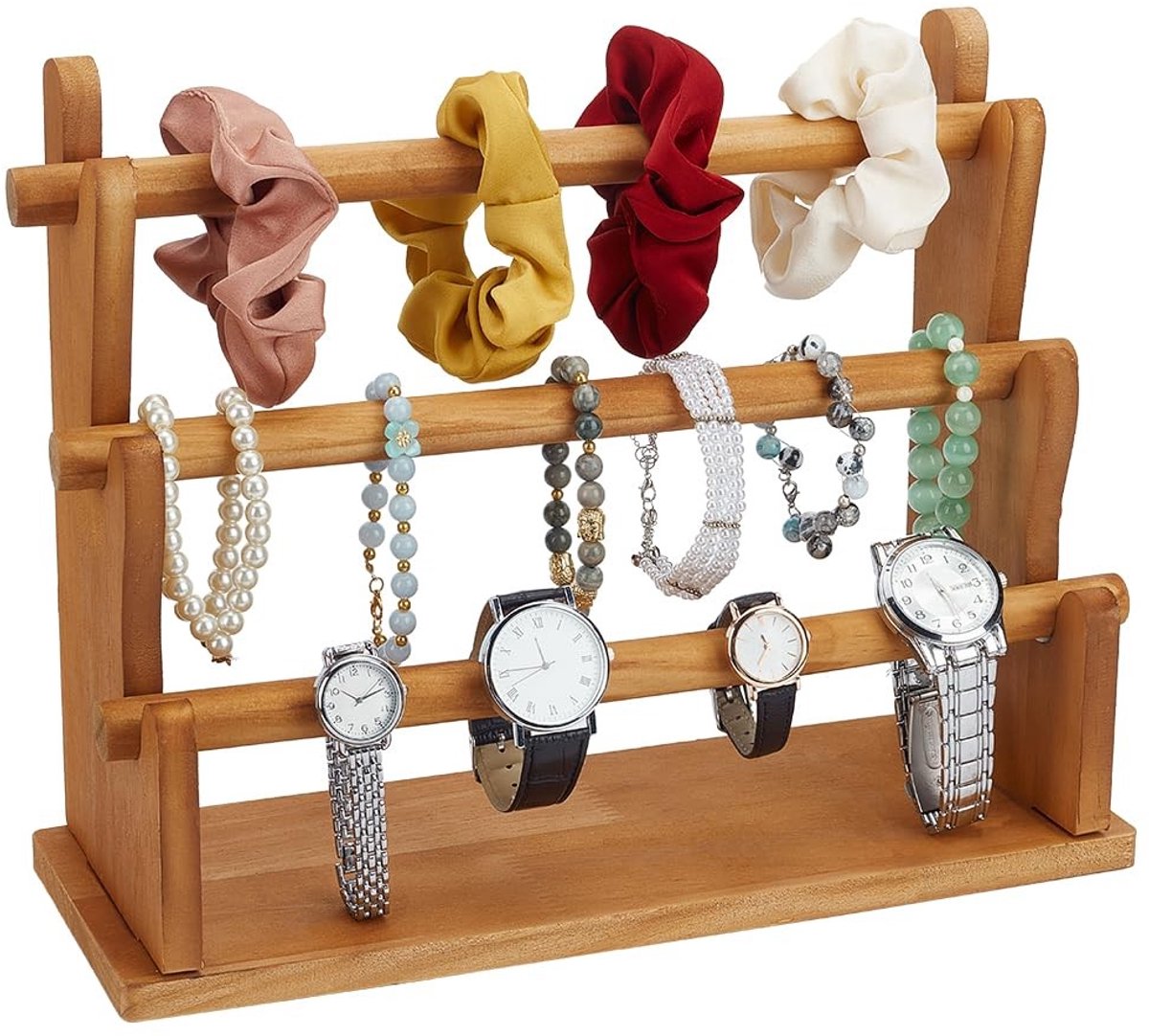 Dailygoods - Houten Armband en Ketting Display Stand - Sieraden Organizer - Bruin - 3-Tiers - Creativiteit en Organisatie - Geschikt voor Sieraden