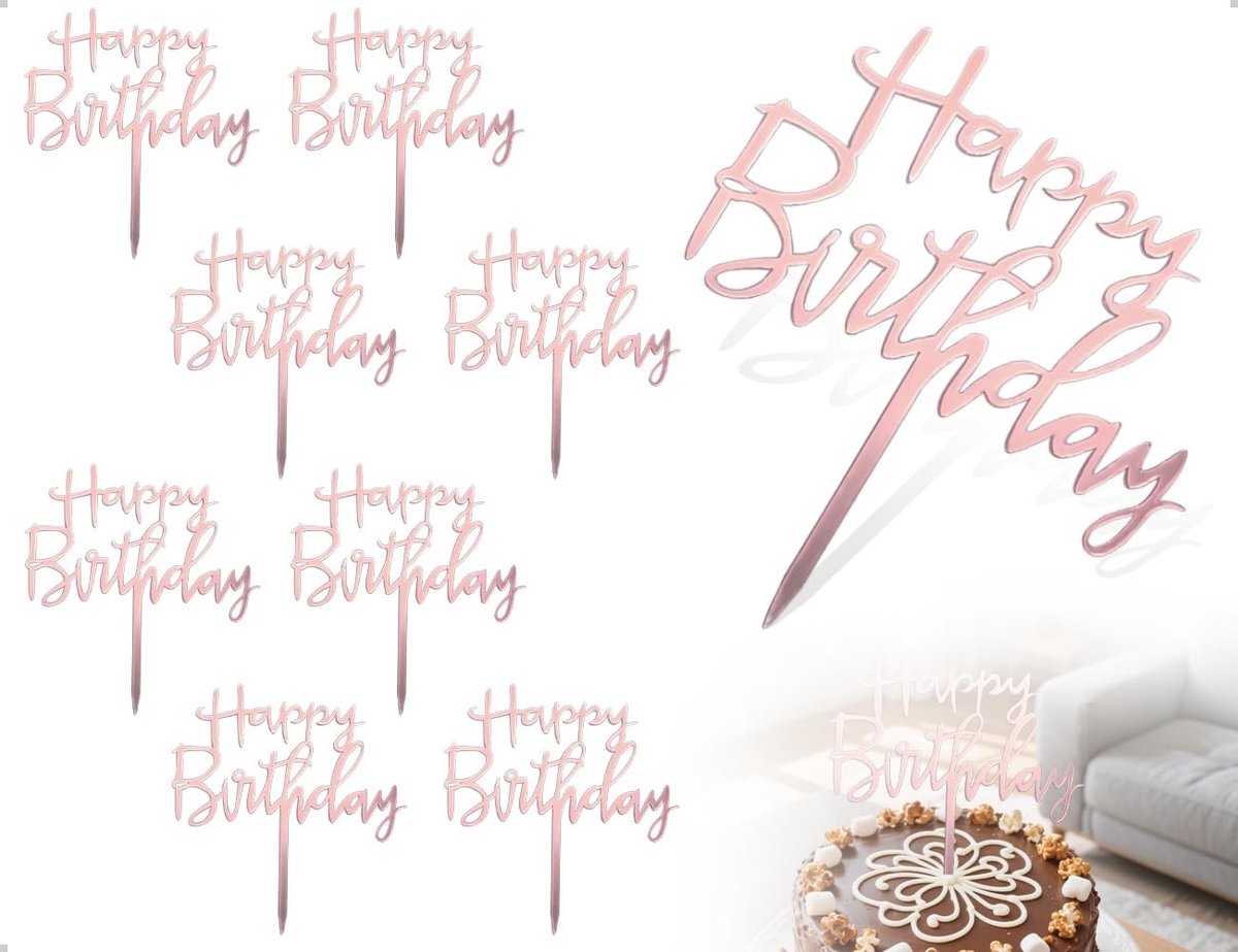 Dailygoods- Taartdecoraties 8 Stuks - Herbruikbaar Acryl - Happy Birthday - Roségouden Design - Uniek Ontwerp - Duurzaam en Gemakkelijk Schoon te Maken - Taartversiering