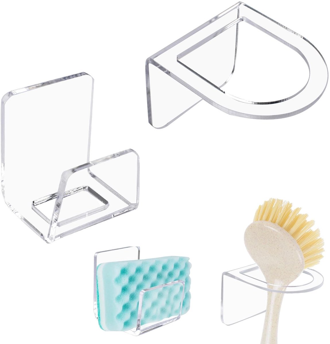Dailygoods- Afwasborstelhouder Zelfklevend - Acryl Zeepdispenser - Gootsteen Sponshouder - Compacte Keukenaccessoires - Roestvrij Staal - Sneldrogend