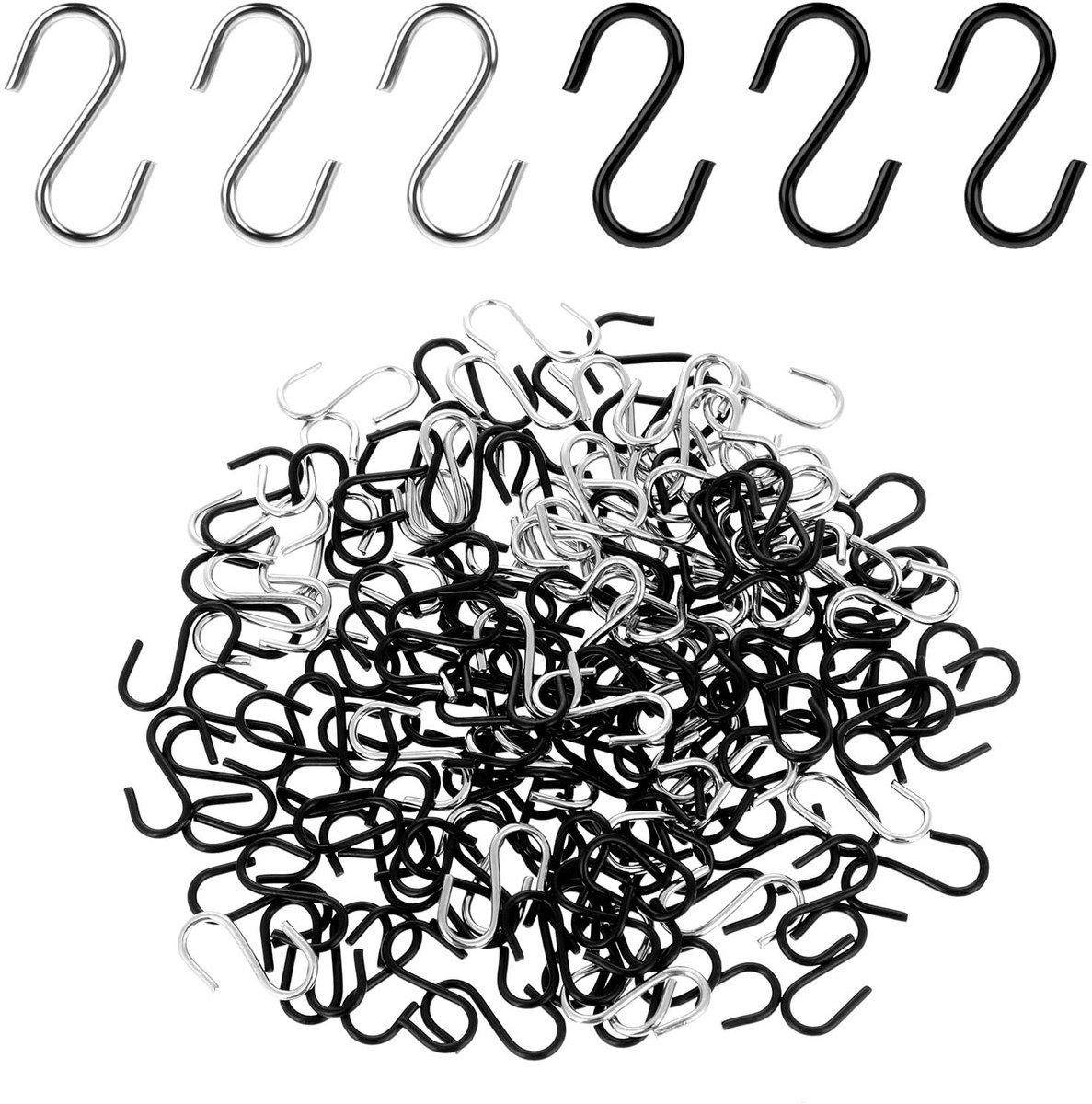 Dailygoods- S-haken 100 stuks - Mini S-vormige haken - Roestvrij staal - Ruimtebesparend - Voor doe-het-zelf - 14 mm, zilver/zwart - Ophanghaken