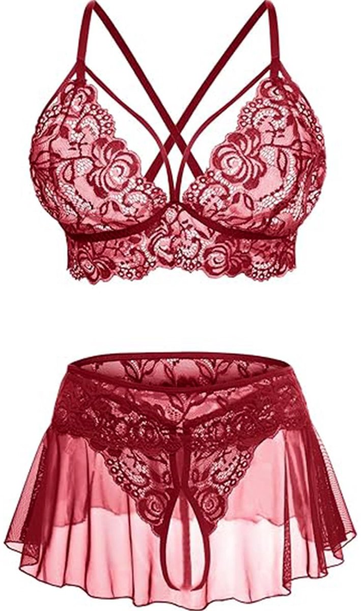 Dailygoods- Lingerieset 3-delig - Transparant nachtkleding - Kant babydoll - Push-up-beha - Sexy tanga - Verleidelijk ontwerp