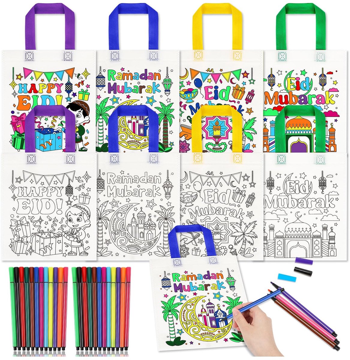 Dailygoods- Cadeauzakjes 12 stuks - Eid Mubarak - Vliesstof - Graffiti-zakjes - Knutselen voor kinderen - Creativiteit stimuleren - Kleurzakjes
