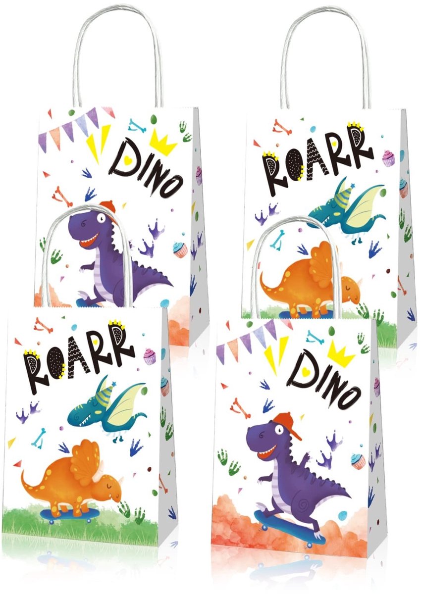 Dailygoods - Dinosaurus cadeauzakjes - 8 stuks - Milieuvriendelijk papier - Verjaardagstas - Halloween en kerst - Geschikt voor kinderen - 21 cm tot 1...