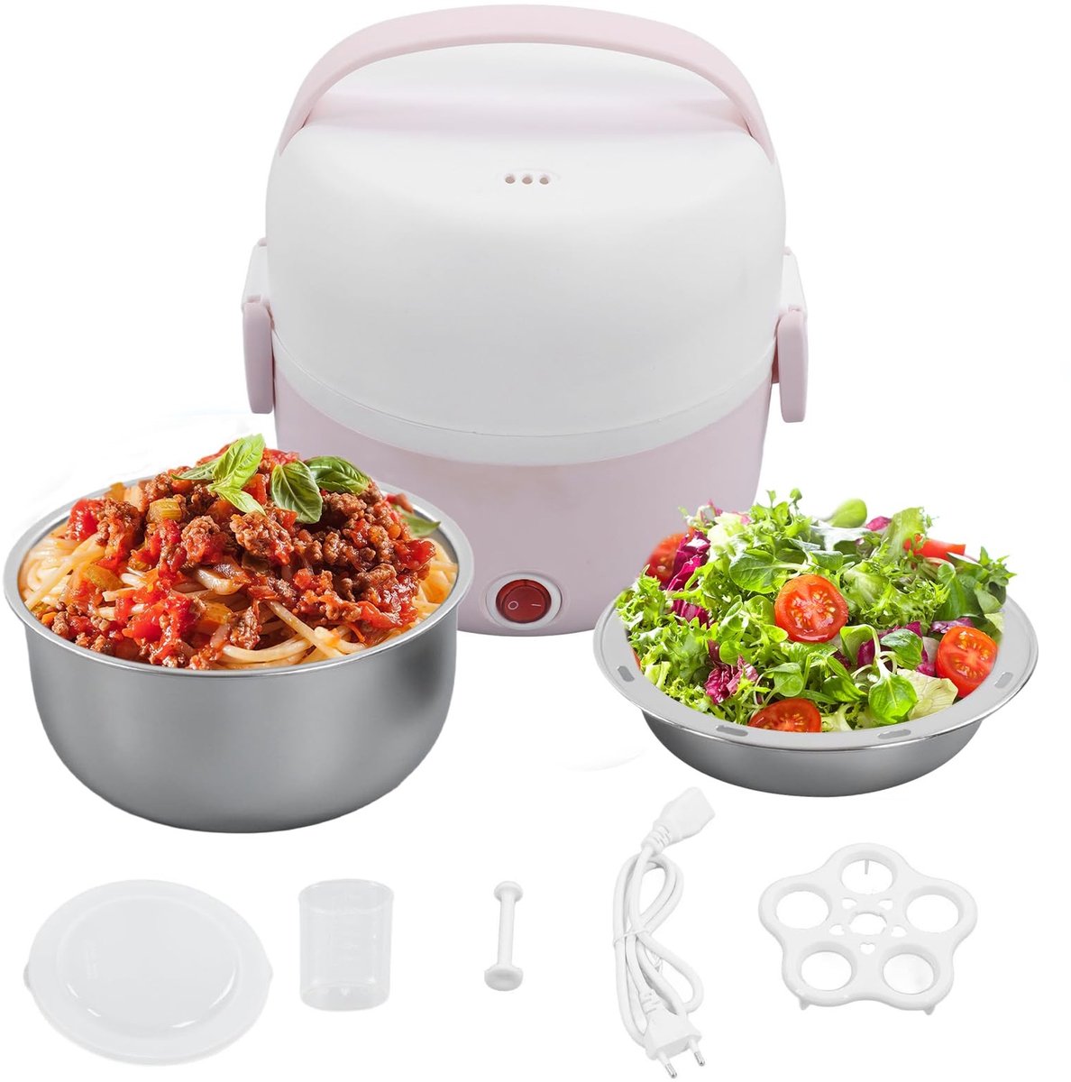 Dailygoods - Elektrische Lunch Box - Warmhoudbox - 2-Lagen RVS - Roze - Voor Thuis en Kantoor - Handig voor onderweg - Compact formaat