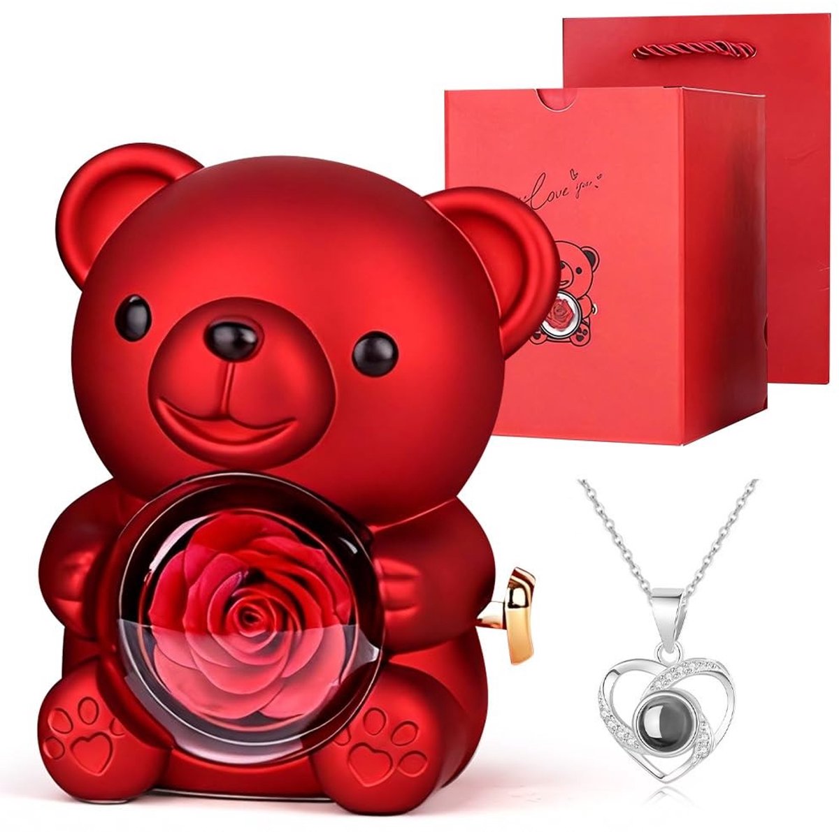 Dailygoods- Rozenbeer Geschenkdose - Geconserveerde Roos - Teddybeer - Cadeau voor Vrouwen - Verjaardag - Verborgen Halsketting