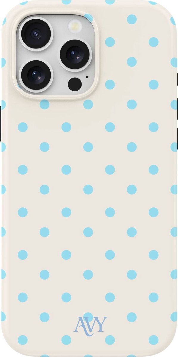 AVY Hoesje geschikt voor Apple iPhone 15 Pro Max | Riviera Dots | Polka Dots | Beige & Blauw | Hard Shell Back Cover | Compatibel met MagSafe & Qi2