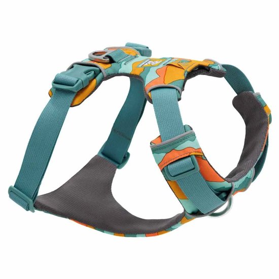 Honden tuigje met golvend patroon in turquoise, oranje en okergeel. Turquoise banden en grijze voering.
