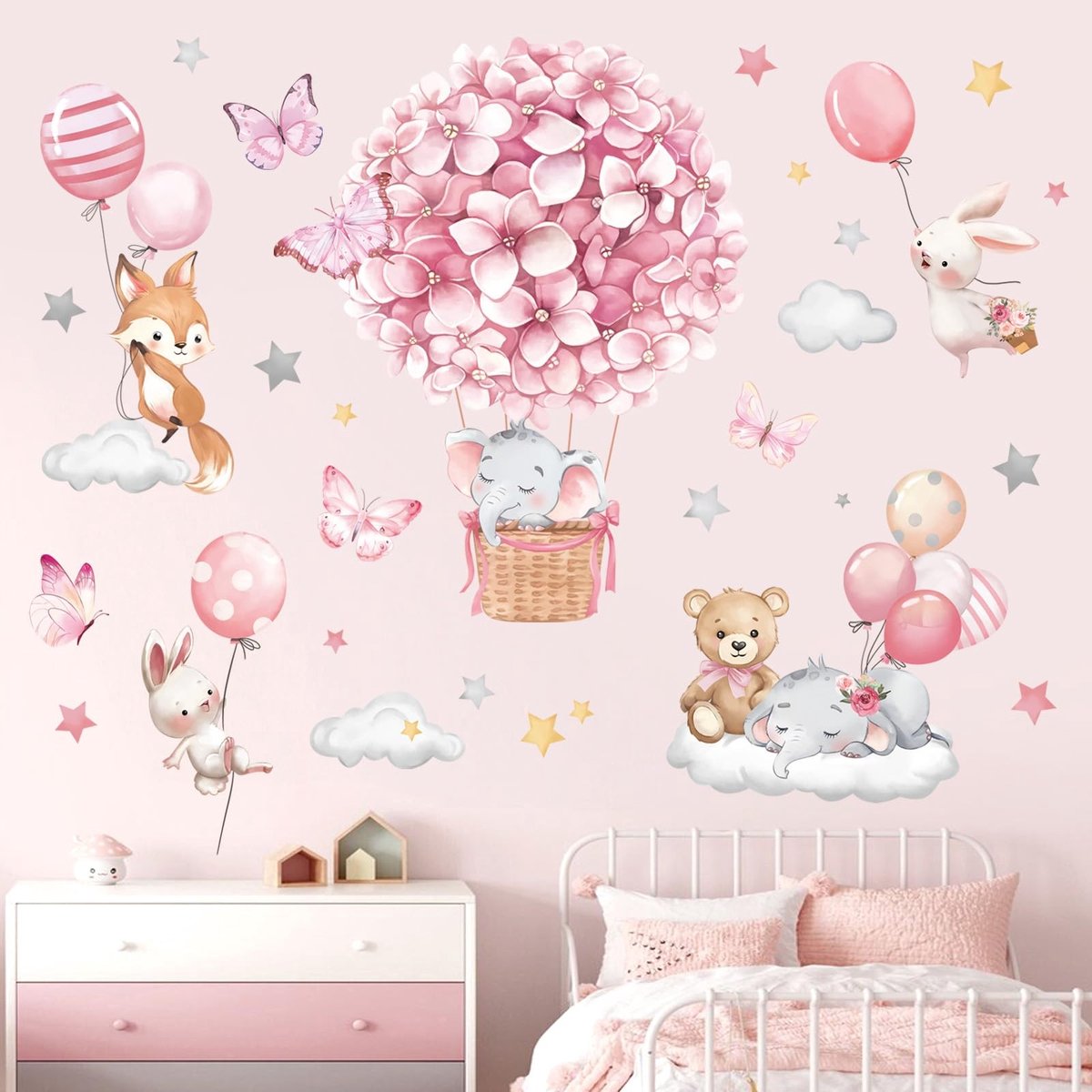 aladdien - Dieren Muurstickers - Olifant en Beer - Kindvriendelijk - Wanddecoratie - Baby- en Kinderkamer - Kleurige Ballonnen