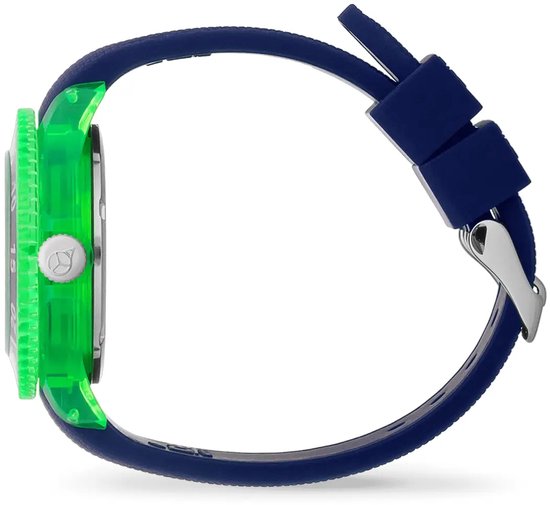 Blauw horloge met marineblauwe band, heldergroene bezel en doorschijnende kast.