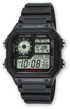 Zwart Casio digitaal horloge met wereldtijd, analoge wijzerplaat, datum en 10-jarige batterijduur.