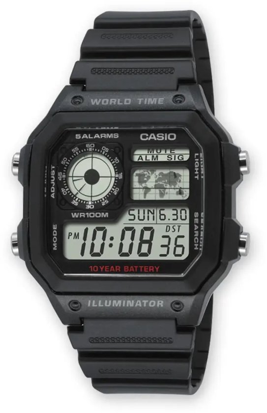 Zwart Casio digitaal horloge met wereldtijd, analoge wijzerplaat, datum en 10-jarige batterijduur.