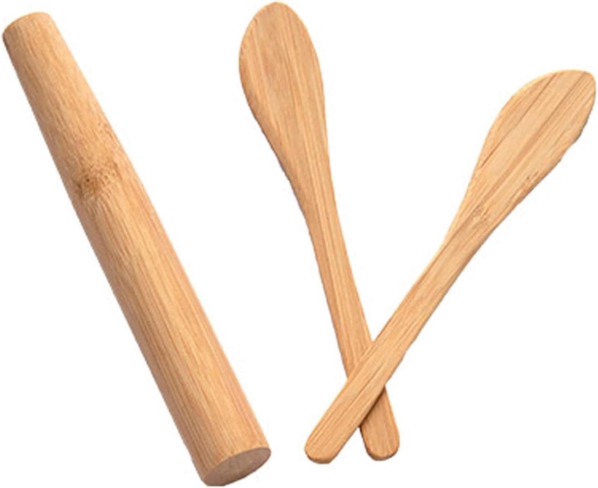 Deegroller Lepel Set - Bamboe Bakset - Bakken en Koken - Glad Bamboe Oppervlak - 180x20mm - Houtkleur