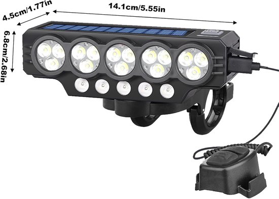VHV - Solar fietsverlichting - fiets voorlicht met claxon - oplaadbaar LED fietslicht USB oplaadbaar met claxon - voor mountainbike, e-bike en avondritten — afbeelding 2