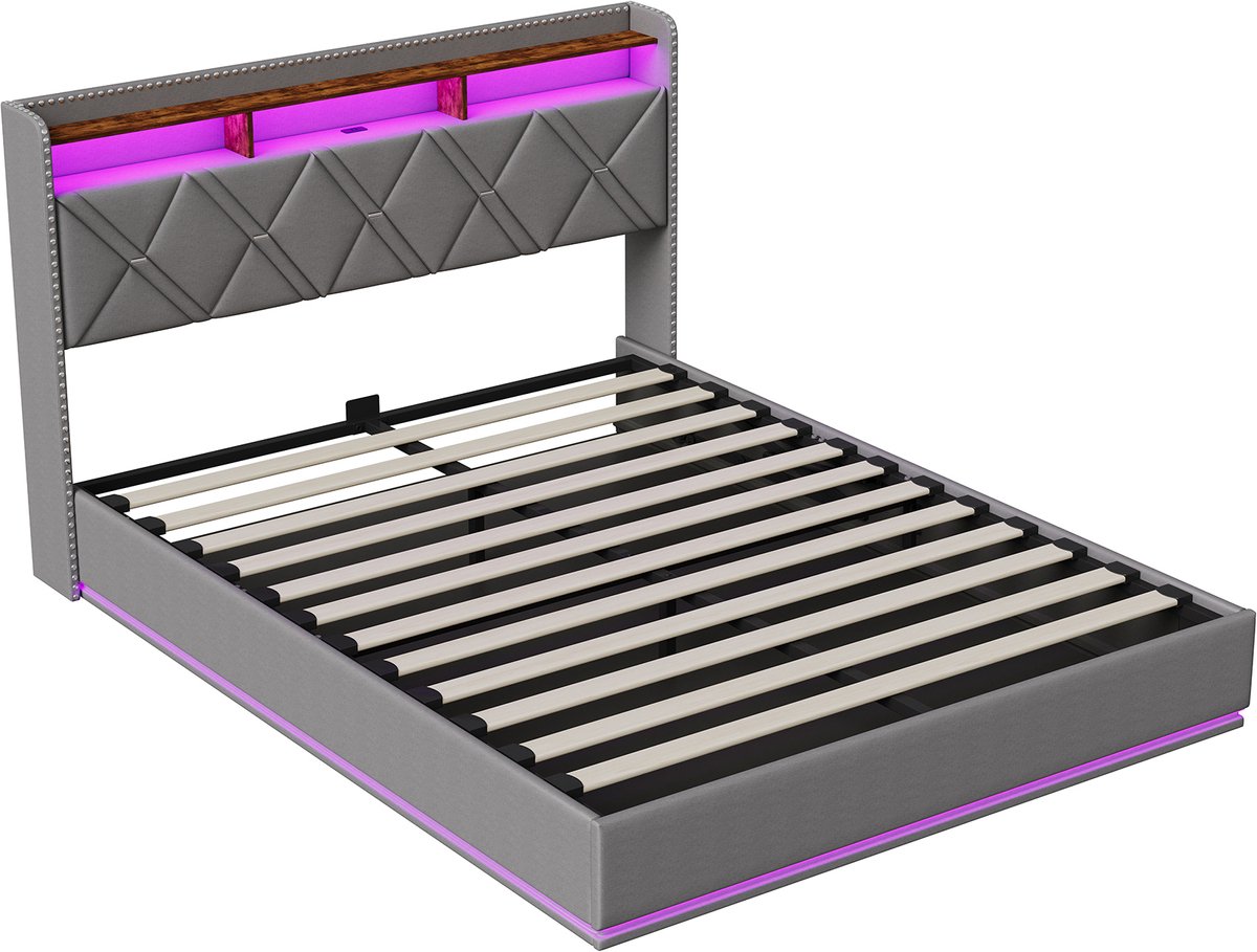 SHOPENTRA Tweepersoonsbed 140x200 cm met RGB LED en Opbergruimte - afbeelding 2