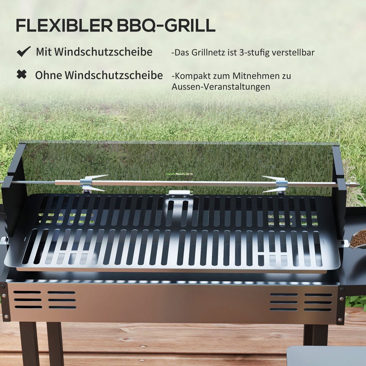 Houtskoolbarbecue BBQ-grill, verstelbaar rooster, 1 draaispit, 118 x 32 x 90 cm, Zwart + Zilver – foto 7