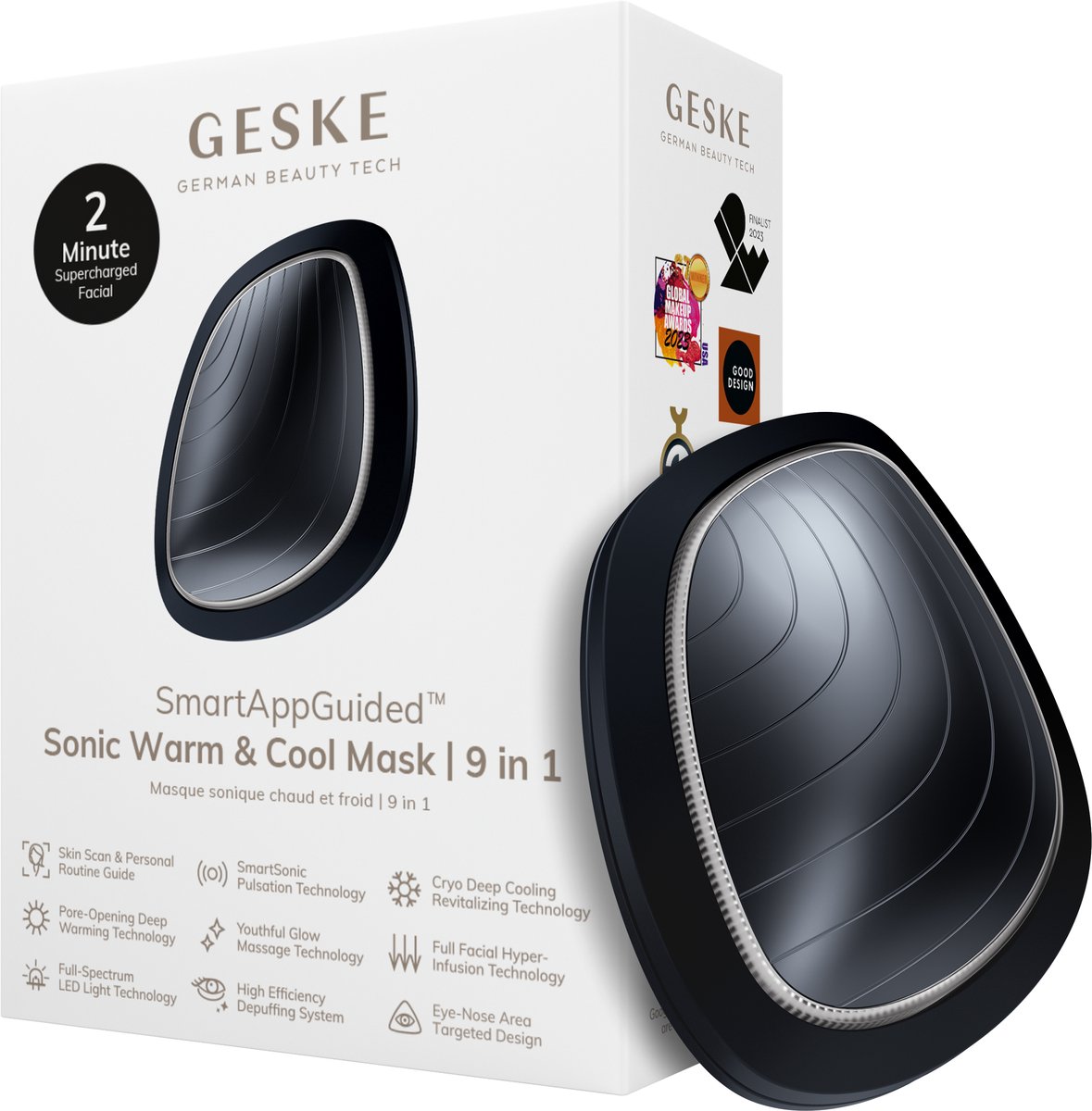 GESKE | SmartAppGuided™ Sonic Warm & Cool Mask | 9 in 1 | Beauty LED-gezichtsmasker | Volledig LED-spectrum en roodlichttherapie | Warmte | Koeling | Verhoogde inname van gezichtsverzorging