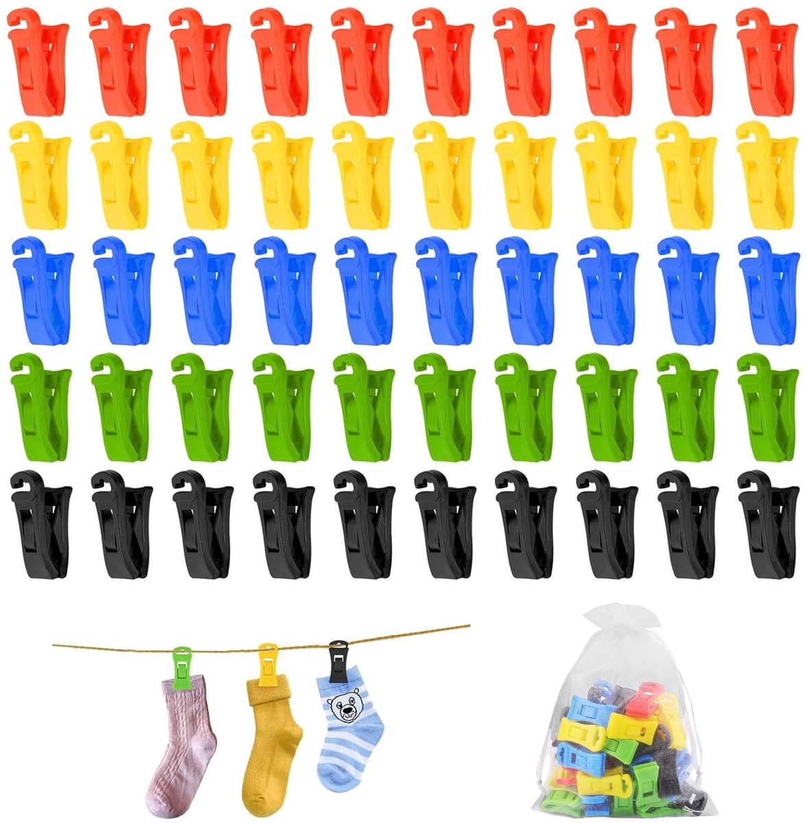 ONF3 - Sokclips - Organizer voor Wasmachine - 50 Kleurige - Windproof - Handige sokkenoplossing - Perfect voor dikke sokken - Efficiënt gebruik