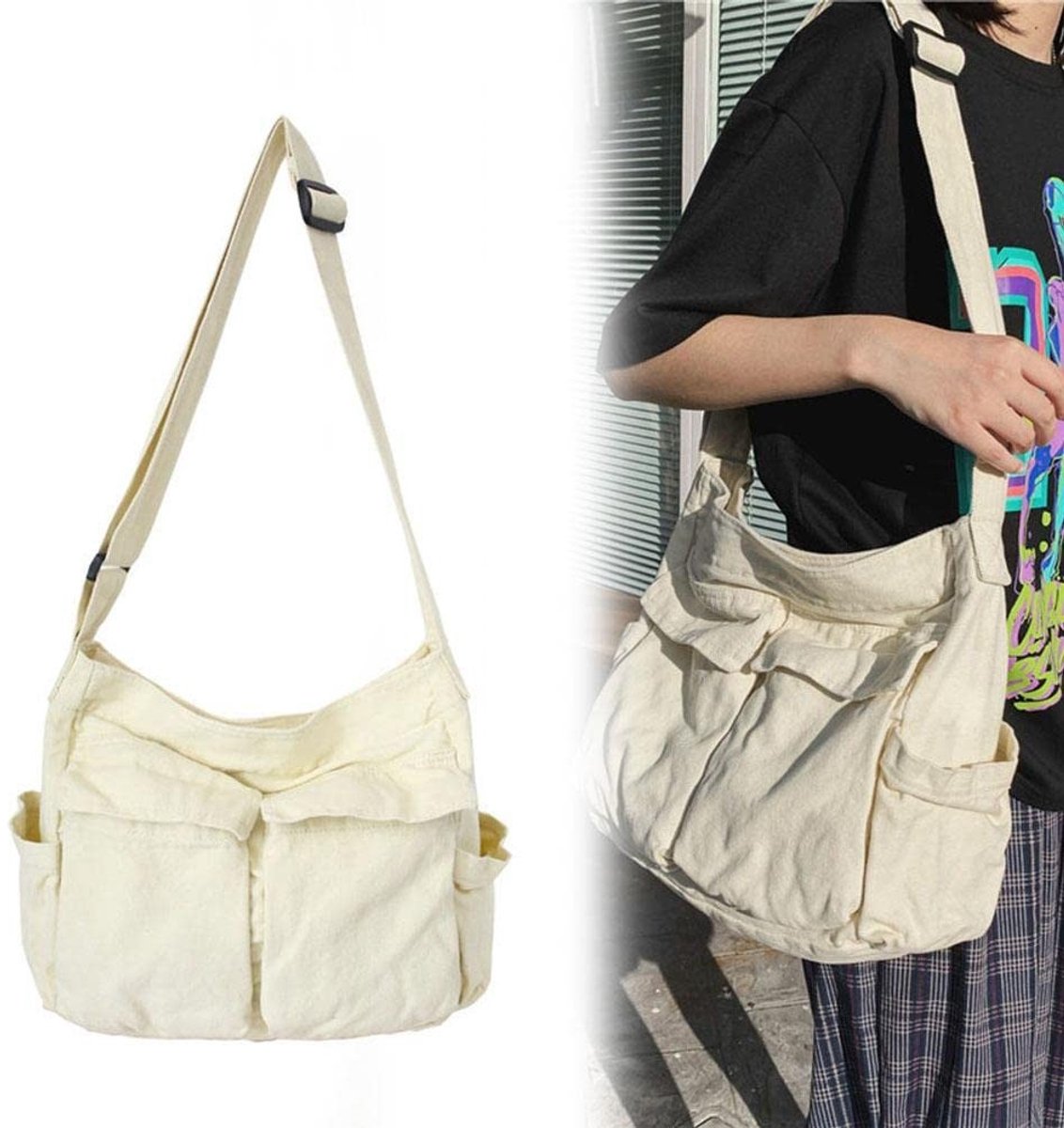 aladdien - Grote Hobo Schoudertas - Canvas Messenger Bag - Veel Vakken - Dames en Heren - Handtas - Praktisch - Ruim - Mode
