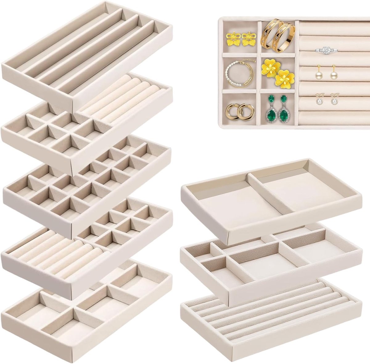 Famanu – Set van 8 stapelbare fluwelen sieradenorganizers voor het opbergen van ringen, halskettingen en armbanden