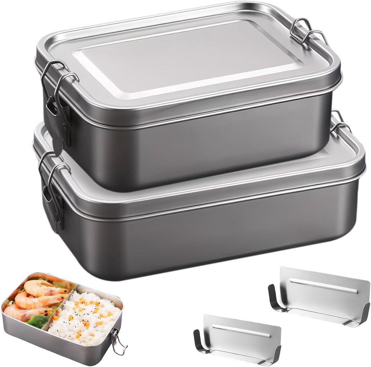 Famanu – Set van 2 roestvrijstalen broodtrommels met scheidingsvak, lekvrije lunchboxen van 850 ml en 1400 ml, vaatwasmachinebestendig