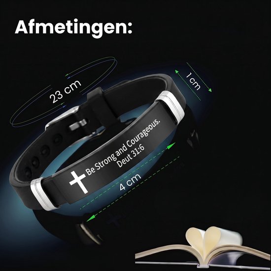 Afmetingen van de zwarte siliconen armband met zilverkleurige details.