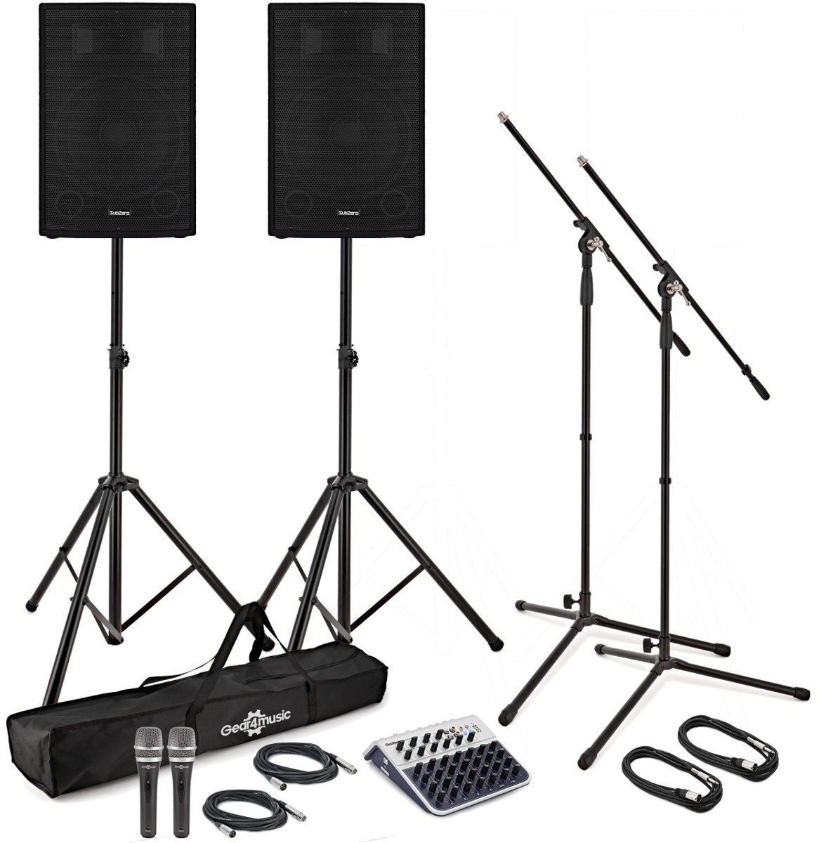 SubZero C15A Actief PA-systeem met Microfoons, Statieven en Mixer