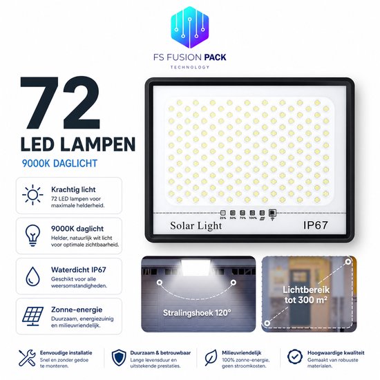 72 LED lampen 9000K daglicht solar schijnwerper met zonnepaneel, toont lichtbereik tot 300 m².