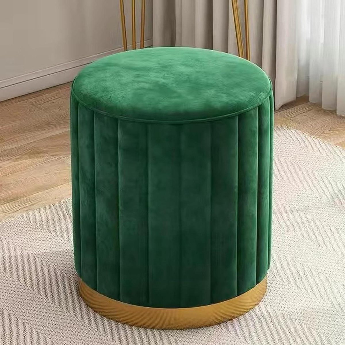 Opbergpoef Fluweel - Ottoman Kruk - Woonkamer Decoratie - Gouden Basis - 33 x 41.9 cm - Donkergroen