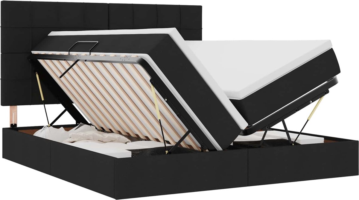 vidaXL LED - opbergbed - met - matras - Zwart - 200 - x - 200 - cm - Stof