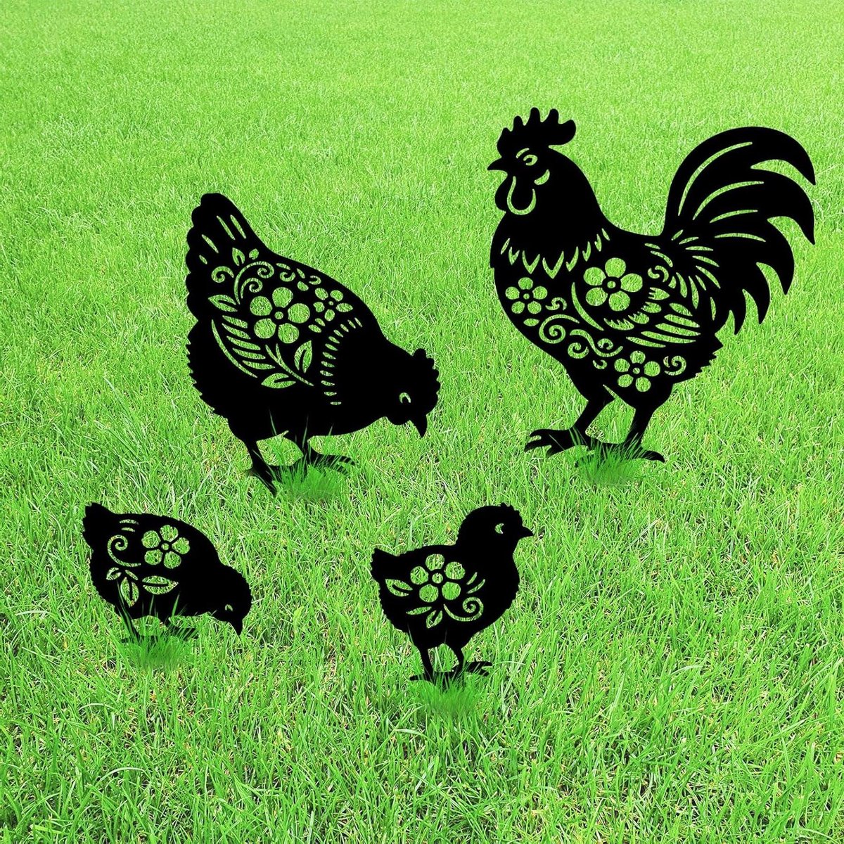 Tuinstekers Kippen - Dieren decoratie - Tuin versieren - Set van 4 stuks - Tot 38 cm hoog - Zwart