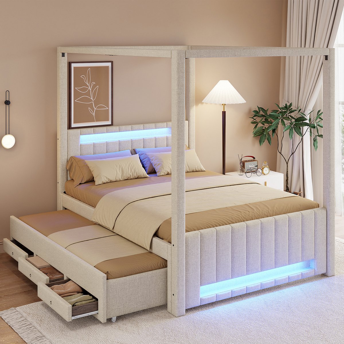 MIVRAY Hemelbed 140x200 cm - Zonder Matras met Uitschuifbed, LED en 3 Laden - Gestoffeerd Linnen MDF - Beige