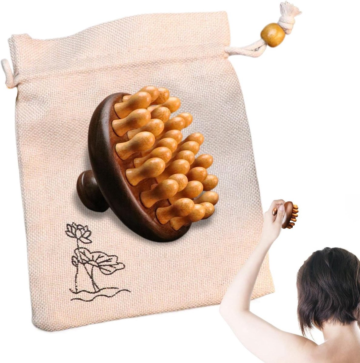 Hoofdhuid Massager - Kam Stimulator - Haarverzorging Massage - Natuurlijk Sandelhout - 8.3 x 8.3 x 3.3 cm - Bruin