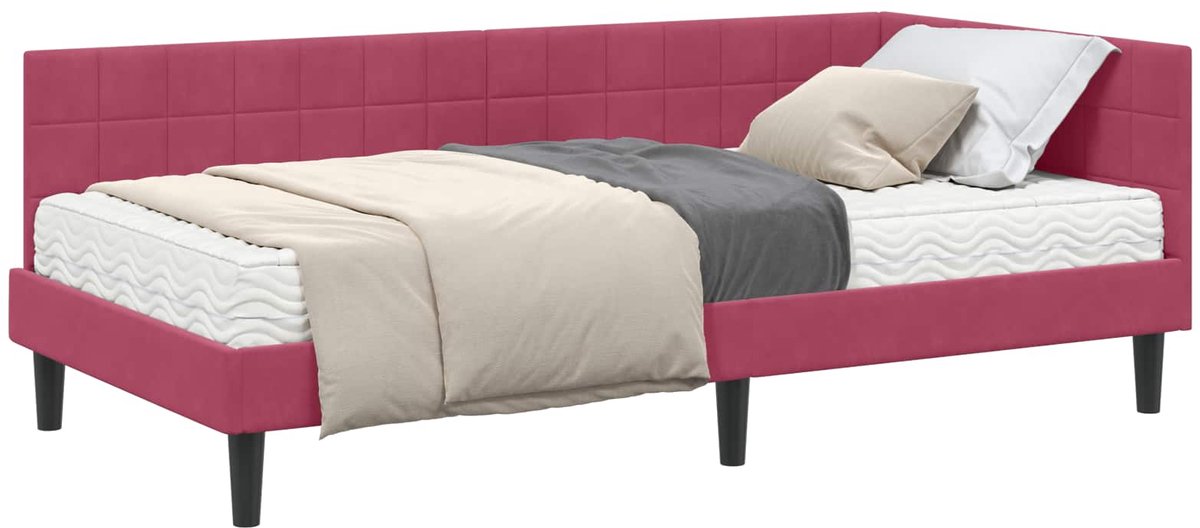 vidaXL Hoekbedframe - met - Matras - 2 - st - Wijnrood - 100 - x - 200 - cm - Fluweel