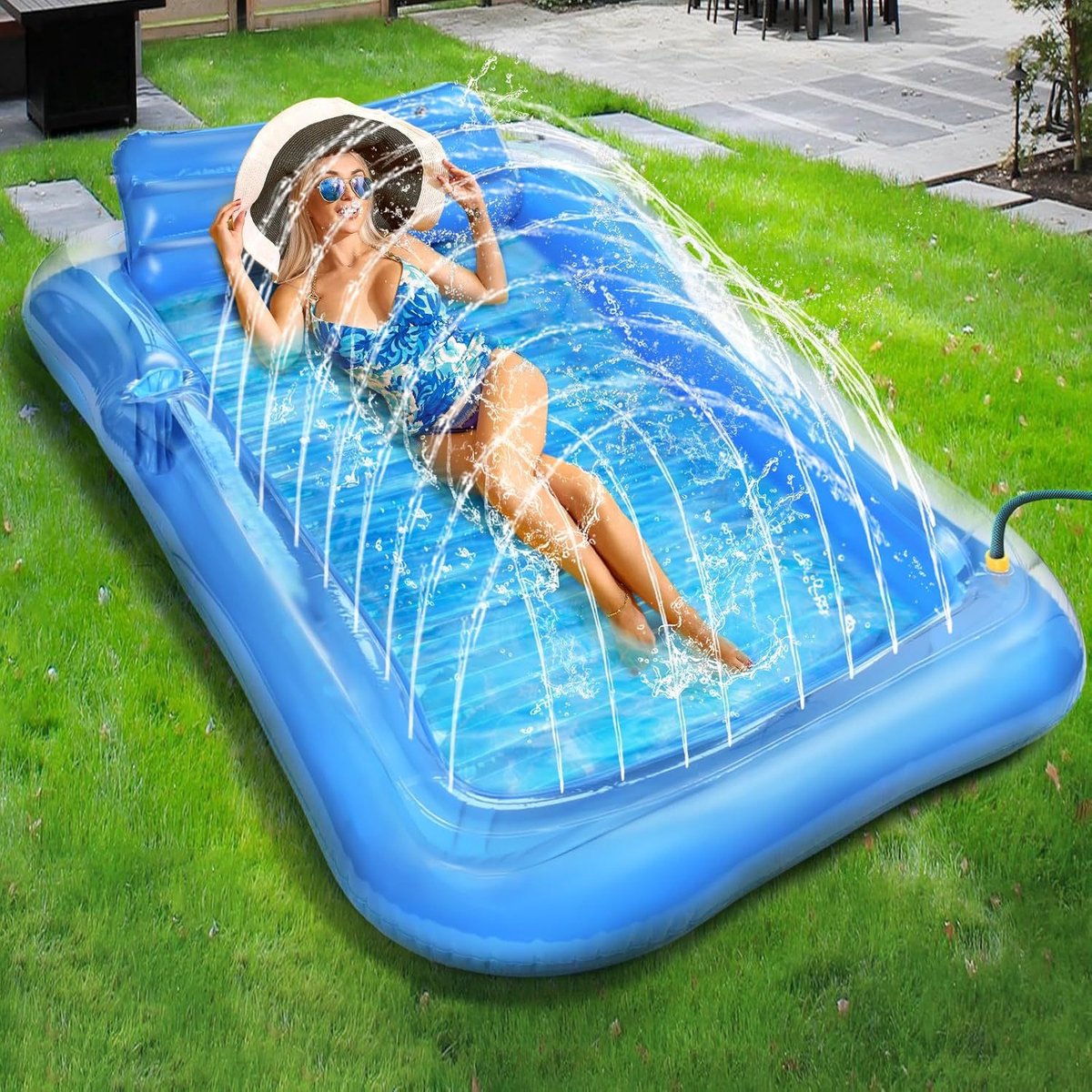 XL opblaasbaar zwembad ligbed met verstuiver 208 x 130 x 23 cm – inclusief hoofdkussen en bekerhouder, 6-in-1 voor tuin, strand en meer
