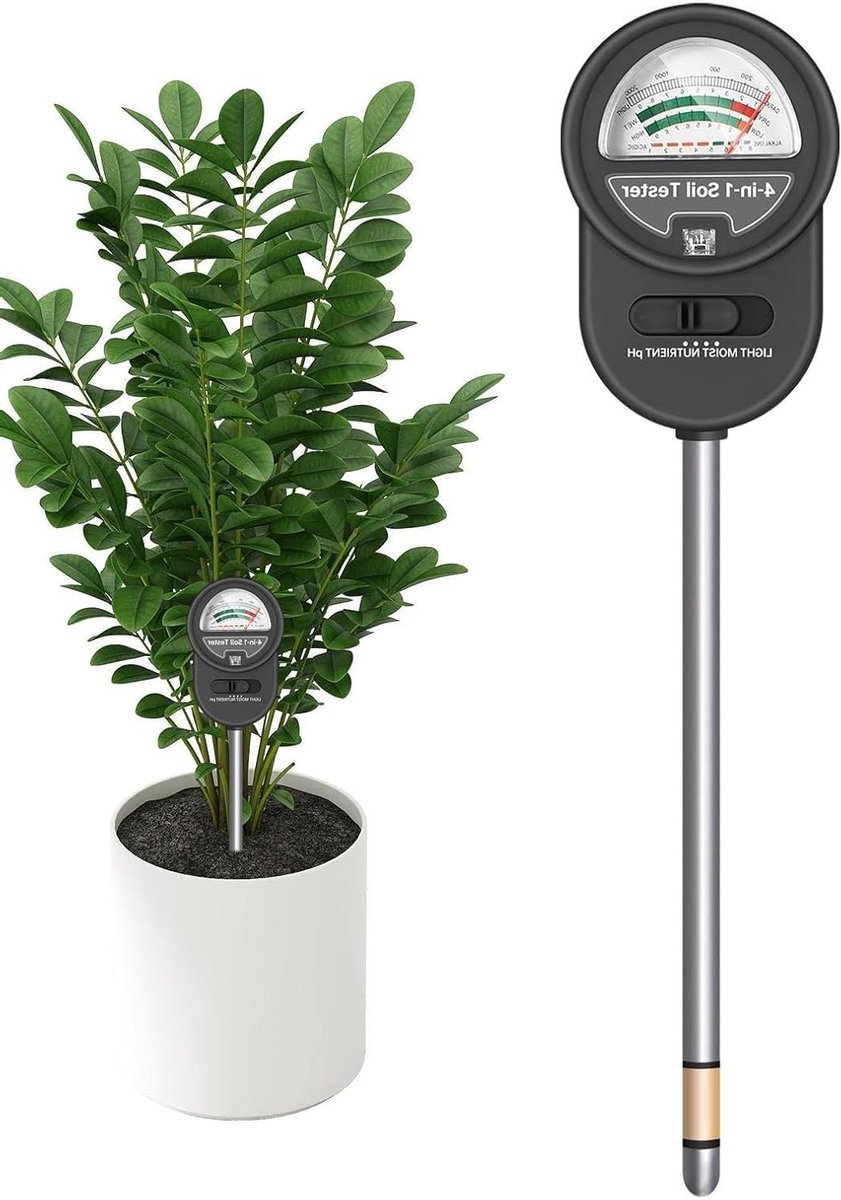 Bodemvochtmeter PH-meter - Bodemtestkit Plantenmonitor - Plantenverzorging Tuin - 4-in-1 Multifunctioneel - 6.5 cm Diep - Zwart