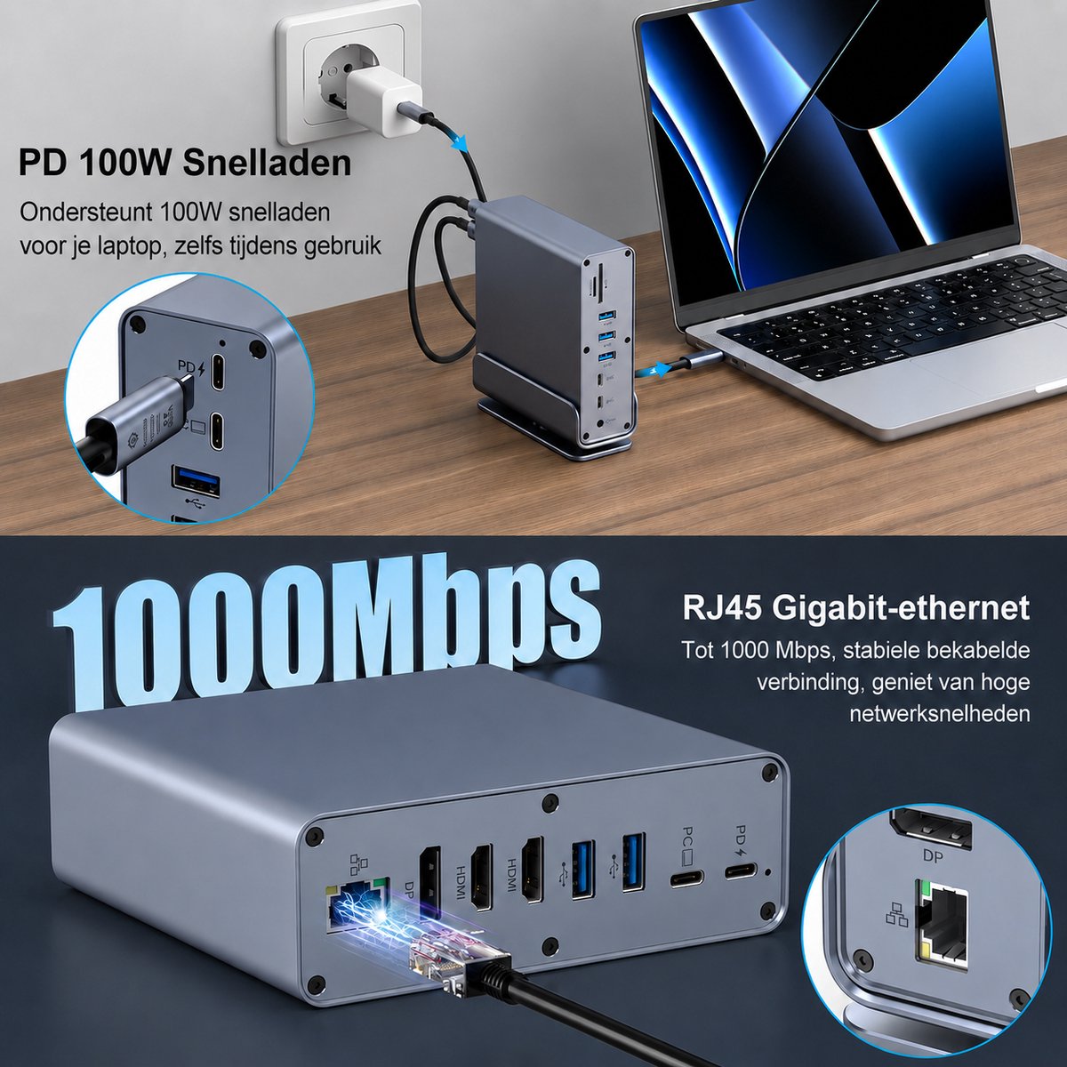 Rolio Laptop USB-C Docking Station - 16 in 1 - Triple Monitor 4K@60Hz (2x HDMI & 1x DisplayPort) - USB 3.2 - 100W Opladen - Hub - 1GB Ethernet thumbnail 5