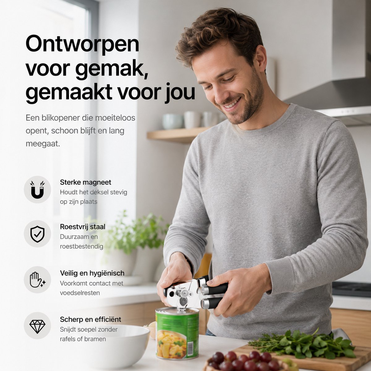 BOTC Blikopener - Met krachtige magneet - Veilig - Opent zonder scherpe randen - RVS - Silicone - Zwart — cadeau in Cadeau-ideeën - foto 2