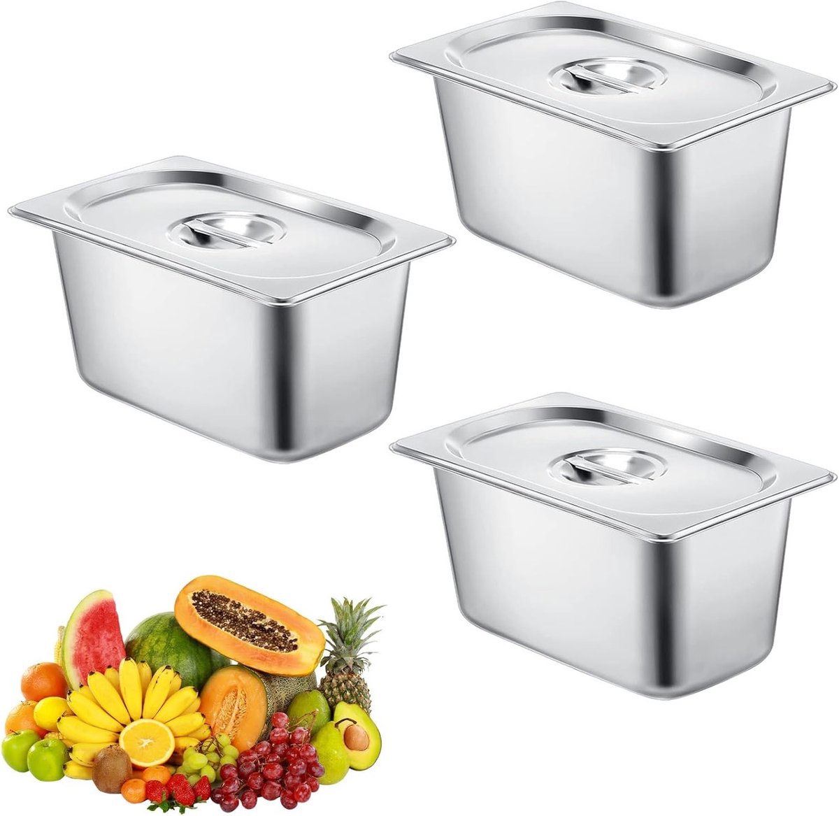 Breading Dish Set 3 Pieces - GN 1/9 Container - Breading Straat - Gourmet Container Stainless Steel met Deksel - Vaatwasmachine - Vriezer voor Kaas - Vlees - Zilver - 17.5 x 11 x 10 cm