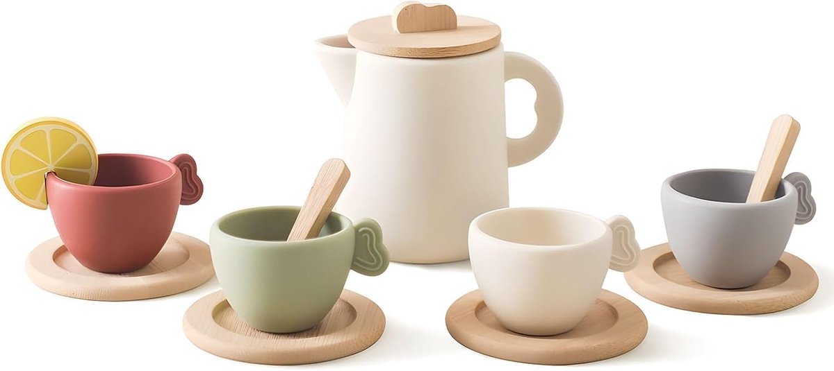 JeiibrZui Kinder Theeservies Set - 13 Delig - Veilig Silikon En Hout - Montessori Rollenspel - Neutraal Design Voor Binnen En Buiten