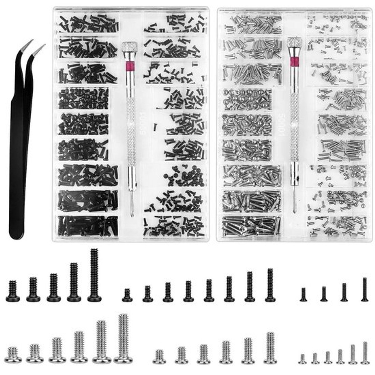 1000 stuks kleine microschroeven set met schroevendraaier voor brillen, horloges, muis en laptop