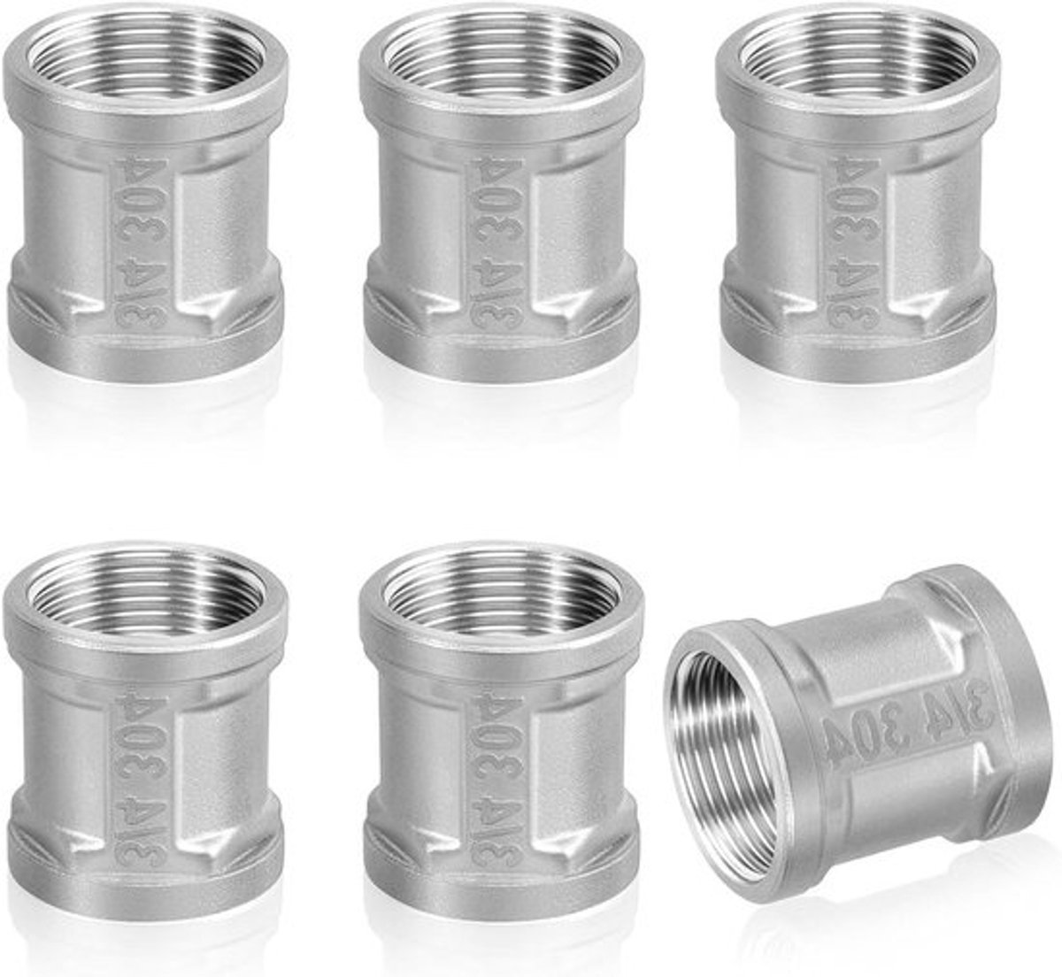 Roestvrijstalen dubbele nippel adapter voor buisaansluiting - 6 stuks