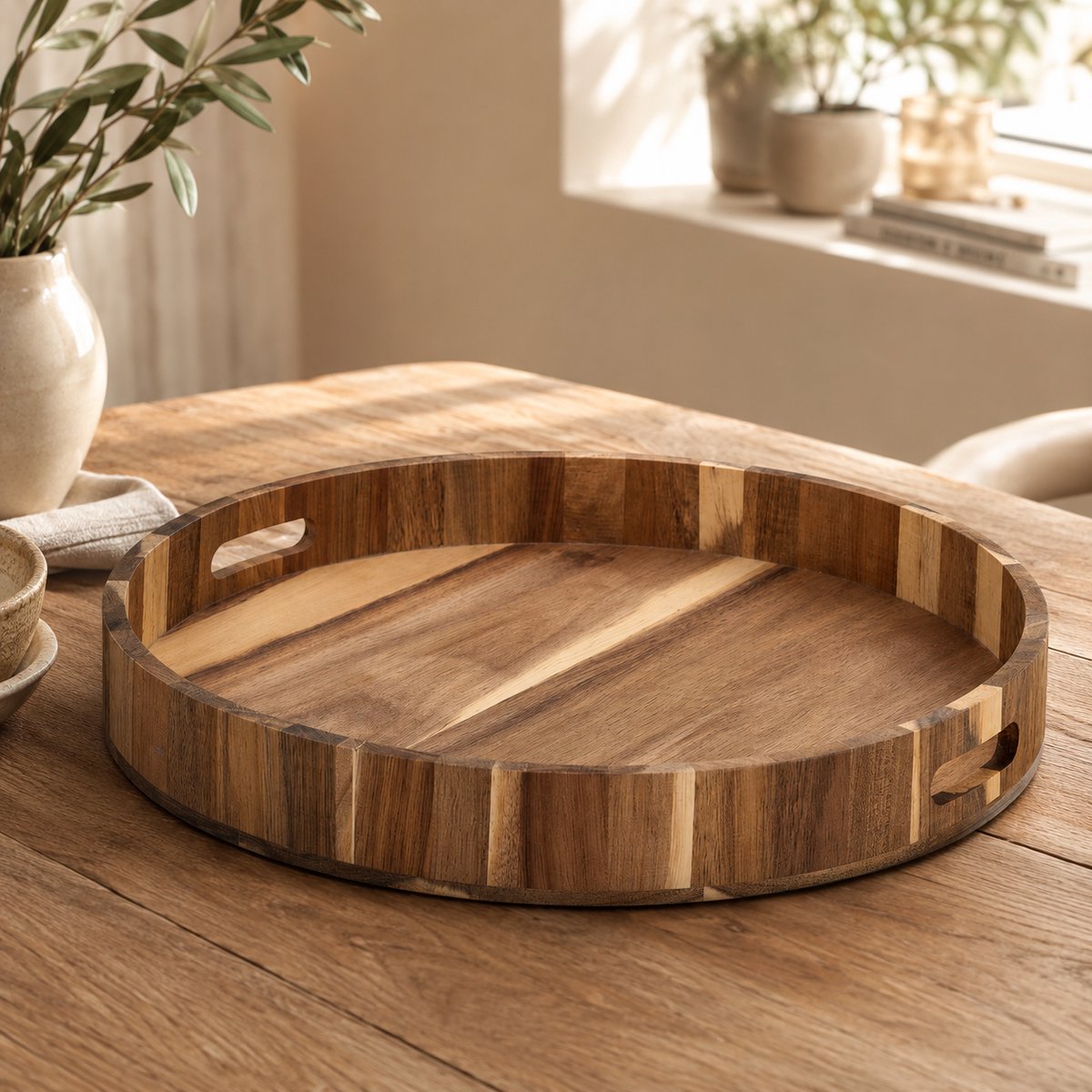 By Viento Rond Acacia Houten Dienblad Ø40 x H5 cm – Serveerblad met Handgrepen – Decoratief Houten Plateau
