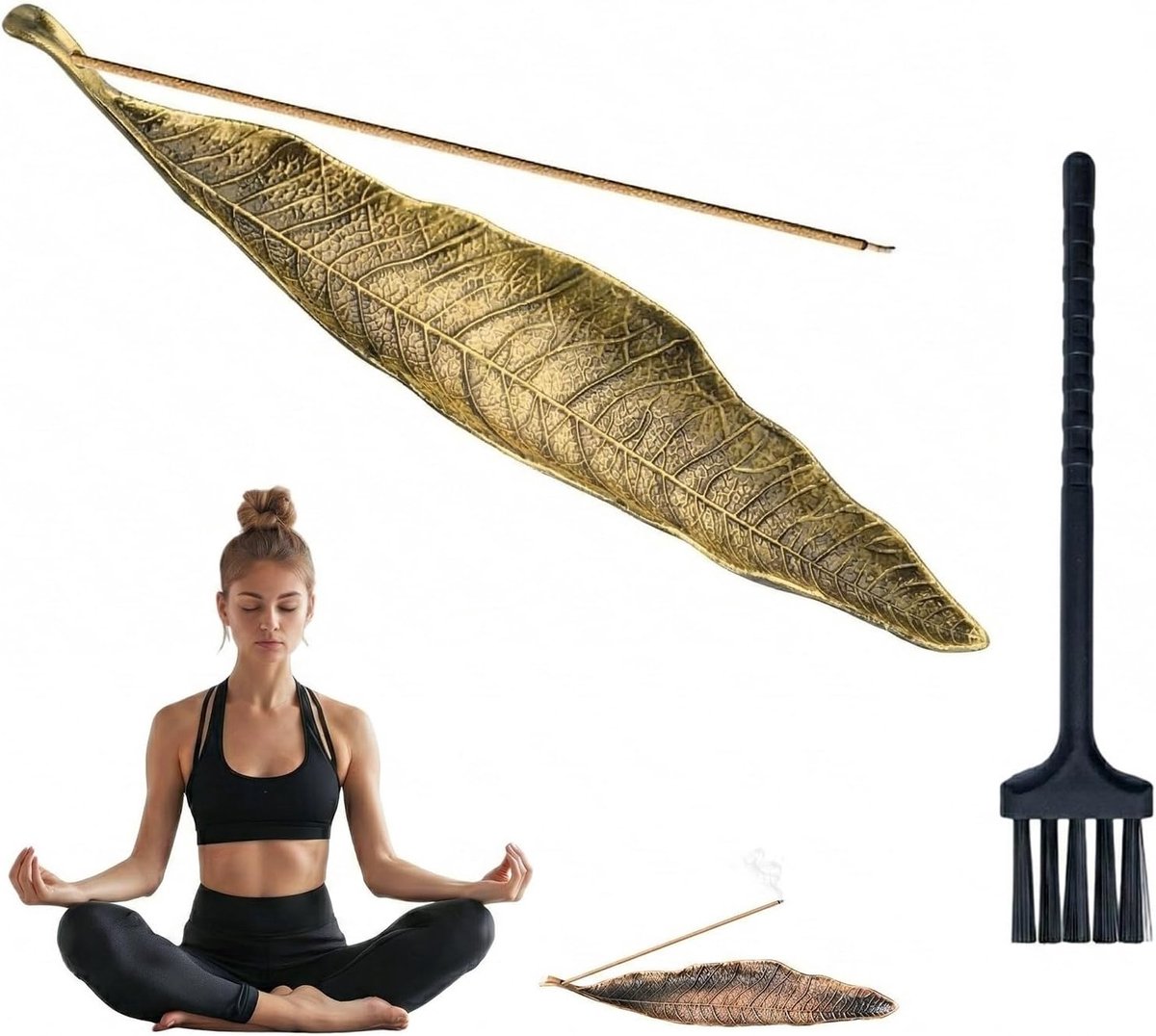 Bronzen Spiral Houder met Metaalbladeren, Wierookbrander en Asopvang voor Wierookstokjes, Perfect voor Thuis, Kantoor en Meditatie