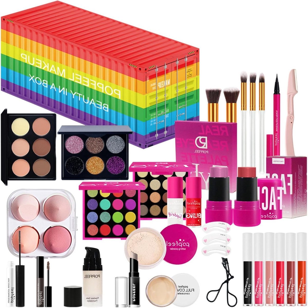 Complete Make-up Set voor Vrouwen en Meisjes met Foundation, Oogschaduw, Eyeliner, Mascara, Lippenstift en Concealer - Perfecte Startersset met Opbergdoos voor Cosmetica