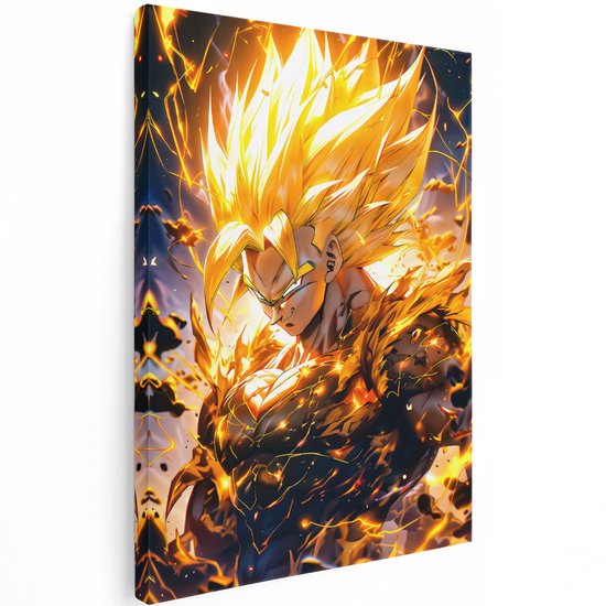 Goudkleurig canvas schilderij van vegeta met vlammende energie en gouden haar, op een witte achtergrond.