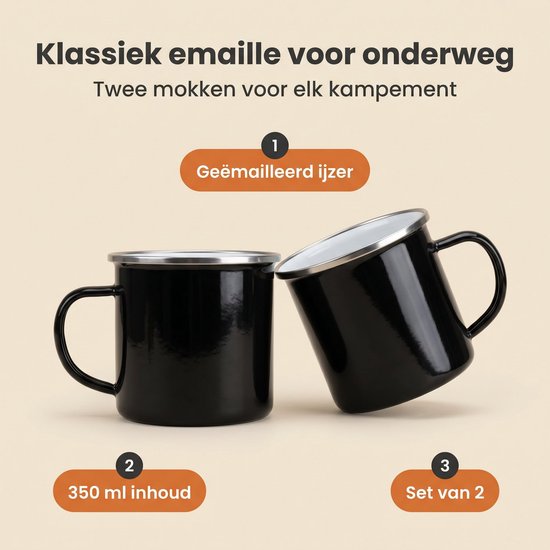 Cheqo® Emaille Mok Set van 2 - Camping Mok - Emaille Beker - Drinkbeker - Kampeermok - Koffiemok - Koffiebeker - Outdoor Mok - Campingbeker - Theemok - Onbreekbare Beker - Metalen Beker - Picknick - Kamperen - Buiten Drinken - Trekking van Cheqo — afbeelding 2