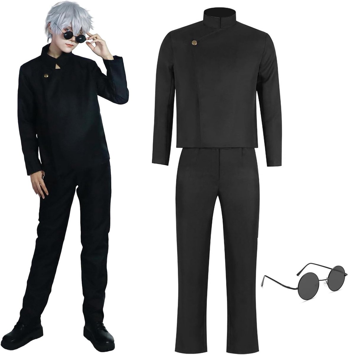 Satoru Gojo Cosplay Kostuum voor Volwassenen, Anime Schooluniform met Jas en Bril, Perfect voor Carnaval en Halloween, Zwart, 2XL
