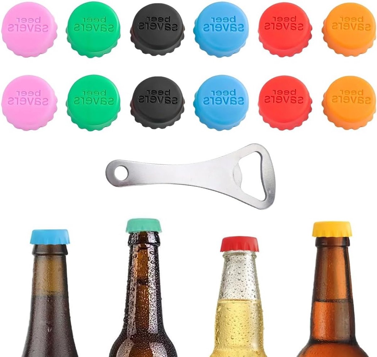 Set van 12 Herbruikbare Siliconen Flessendoppen en Flessenopener, Geschikt voor Bier, Sap en Glazen Flessen in 6 Kleuren